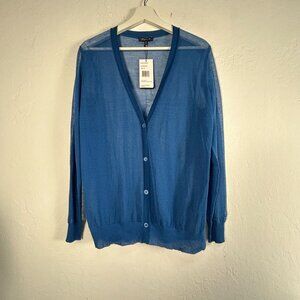 Lafayette 148 New York Womens Blue Sheer V-Neck Button Cardigan Sweater New $398